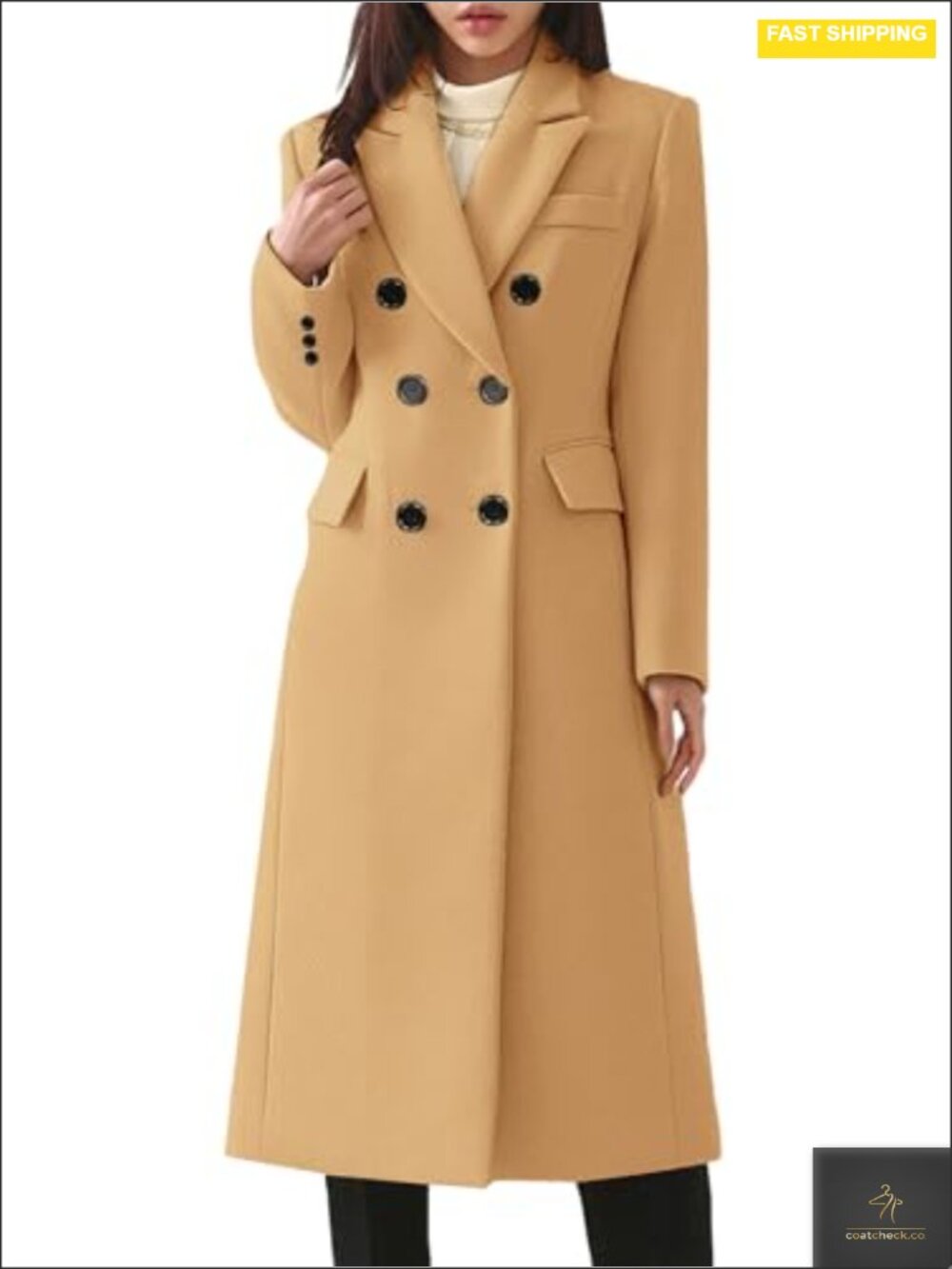 Faux Wool Blend Double-Breasted Pea Coat Notch Lapel Long Sleeve Slim Fit
